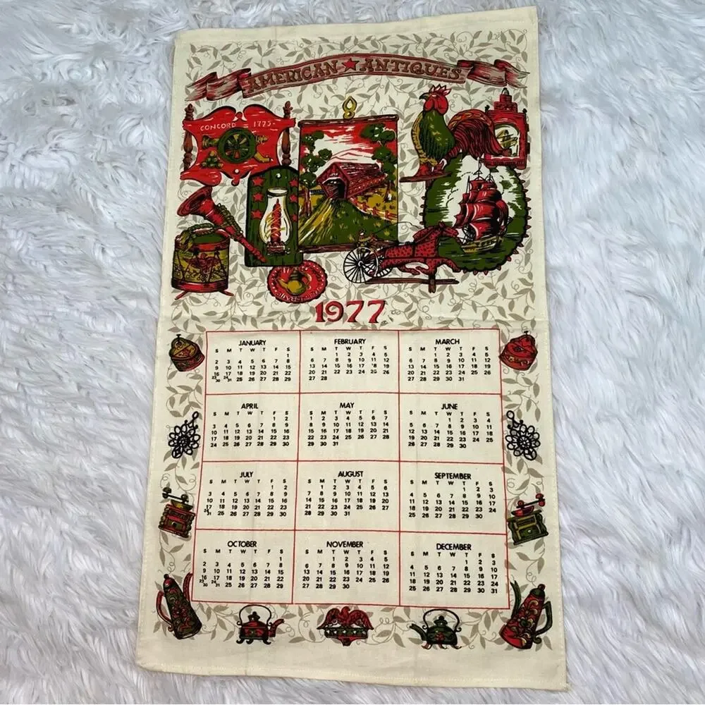 1977 Vintage Cloth Wall Calendar Beige Cottagecore Folk Art
